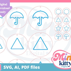 May include: A digital download of SVG, AI, and PDF files for crafting. The image shows a variety of blue line art designs, including umbrellas, triangles, and stars, arranged in circles. The designs are perfect for creating earrings, keychains, or other crafts.