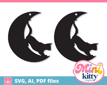 Halloween Crescent Moon with Cat Earrings Cut File - DIGITAL DOWNLOAD, svg, pdf, ai