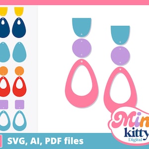 Puede incluir: Descarga digital de archivos SVG, AI y PDF para la elaboración de pendientes. El diseño presenta dos pares de pendientes con diferentes formas geométricas de colores, incluyendo rosa, azul, morado y naranja.