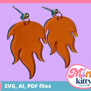 May include: A pair of orange flame-shaped earrings with silver hooks. The earrings are made of acrylic and have a glossy finish.