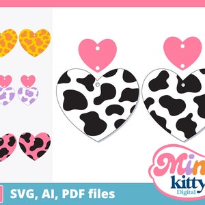Cow Print Heart Earrings File - DIGITAL DOWNLOAD - Cut File, svg pdf