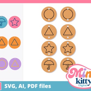 May include: Set of 10 SVG cut files featuring various shapes and designs, including a star, circle, triangle, and umbrella. The shapes are outlined in black and are on a variety of colored backgrounds. The text "SVG, AI, PDF files" is at the bottom of the image.