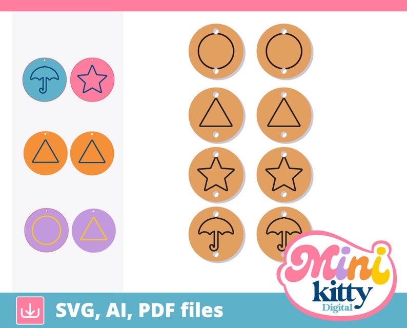 May include: Set of 10 SVG cut files featuring various shapes and designs, including a star, circle, triangle, and umbrella. The shapes are outlined in black and are on a variety of colored backgrounds. The text "SVG, AI, PDF files" is at the bottom of the image.