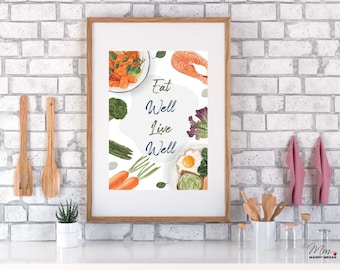 Eat Well Live Well | INSTANT DOWNLOAD | Kitchen Decor | Printable Wall Art | Nutritionist Art | Housewarming Gift | Kitchen Artwork