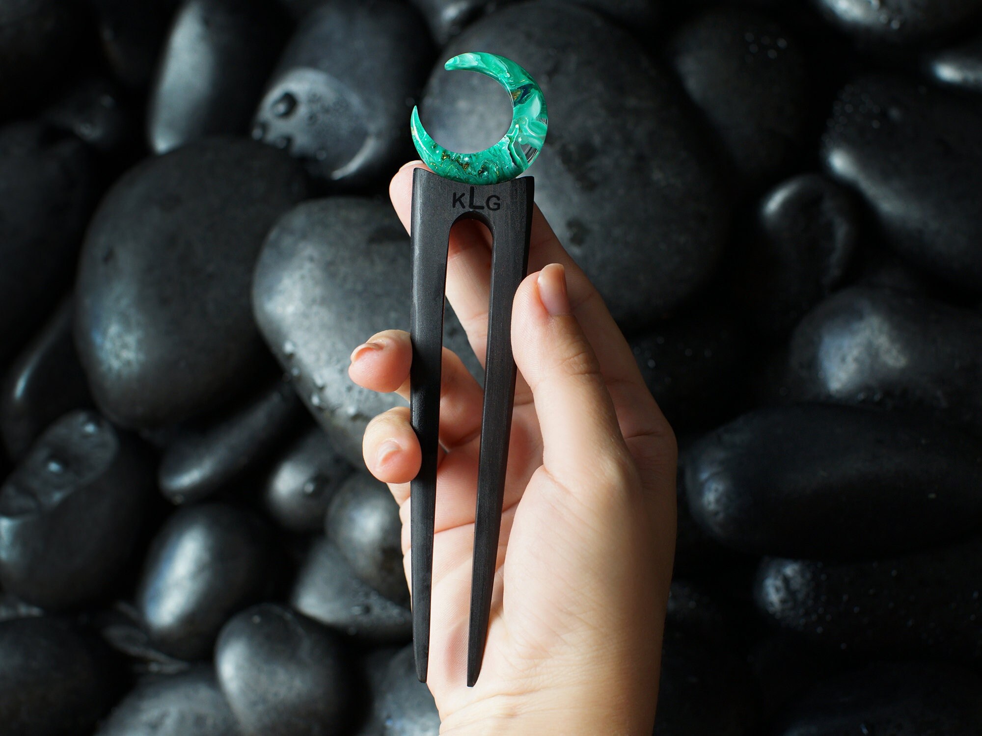 wooden hairfork with metall , mother of pearl, brass, wood hairstick