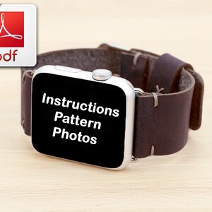 Puede incluir: Una correa de reloj de cuero marrón para un Apple Watch. La esfera del reloj es negra y muestra el texto "Instructions, Pattern, Photos".