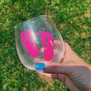 Personalized Stemless wine glass- gifts for her/flip flops/summer/gift/beach/pink