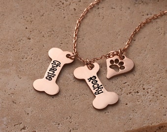 Custom Dog Bone Necklace with Paw – Name Engraving | 925 Sterling Silver & Gold/Rose Gold-Dog Lover Gift