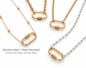 May include: Four necklaces with carabiner-style pendants. Three necklaces are gold-toned with varying chain styles, and one is silver-toned with a paperclip chain. Text reads: Stainless Steel . Water-Resistant. Choose Your Chain, Tell Your Story.