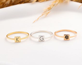 Initial Square Ring, Custom Engraved Ring, Gold Name Ring, Minimalist Promise Ring, Valentine's Day Gift