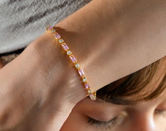Pink Tennis Bracelet • Pink Crystal Gold Bracelet • Dainty Jewelry Gift for Her • Everyday Minimalist Jewelry