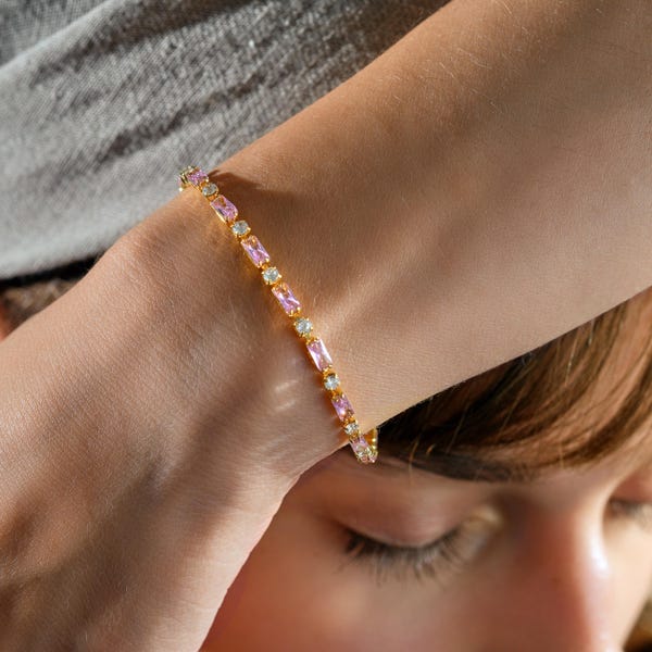 Pink Tennis Bracelet • Pink Crystal Gold Bracelet • Dainty Jewelry Gift for Her • Everyday Minimalist Jewelry