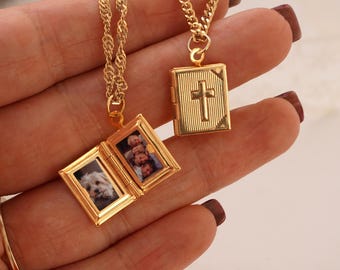 Personalized Cross Locket Necklace with Photo Gift for mom, Custom Engraved Memorial Jewelry, Gold Photo Necklace Religious Keepsake Jewelry