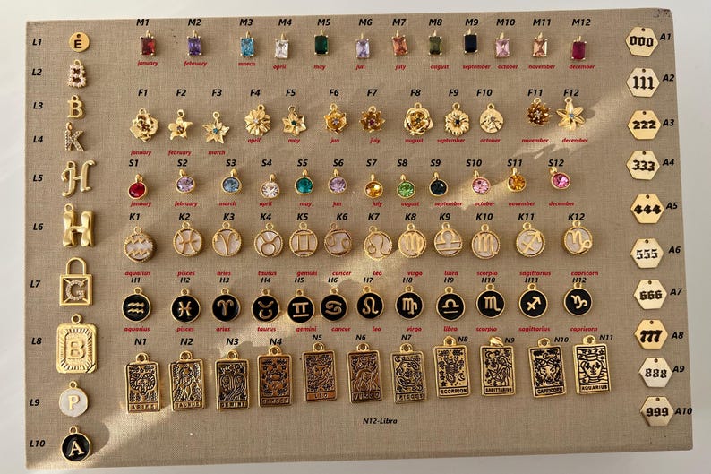 Puede incluir: Una colecci&oacute;n de colgantes y dijes dorados, que incluyen signos del zodiaco, letras, piedras de nacimiento y dise&ntilde;os de cartas del tarot. Los dijes est&aacute;n dispuestos sobre una superficie beige, con etiquetas de texto para cada art&iacute;culo.