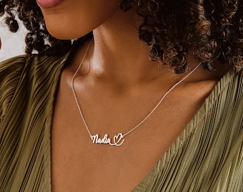 Love Necklace, Name Necklace With Heart, Custom Name Tiny Heart Necklace, Minimalist Chain Necklace, Delicate Valentine Necklace
