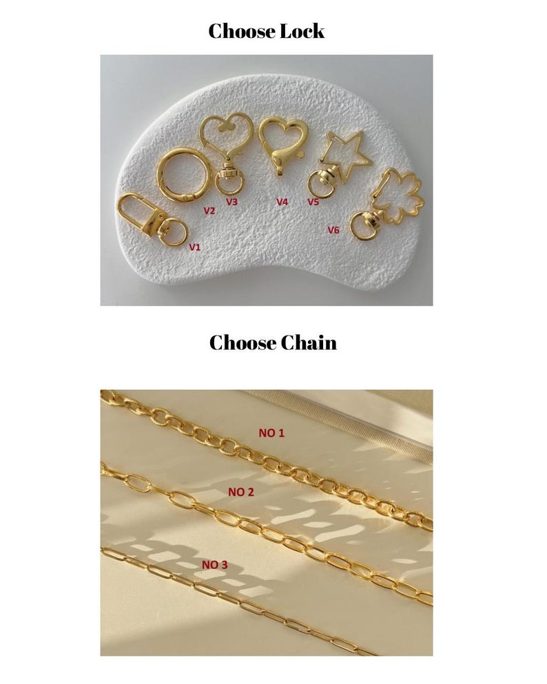 Puede incluir: Cierres y cadenas doradas para llaveros. Los cierres incluyen varias formas: un cierre, un anillo, dos formas de coraz&oacute;n, una estrella y una flor. Las cadenas tienen diferentes estilos de eslabones, con el texto "Choose Lock" y "Choose Chain".