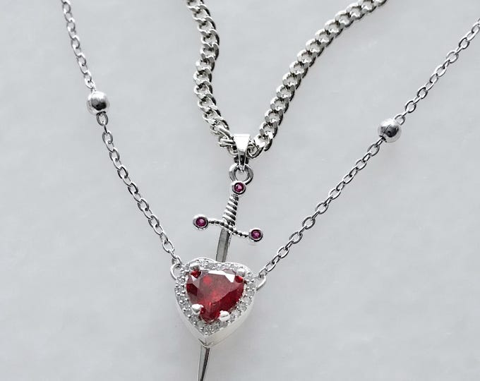 Heart and Sword Couple Necklace Set – 2-Piece Matching Silver-Plated Necklaces – Romantic Gift for Him and Her – Unique Couple’s Jewelry