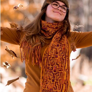 Peut inclure: Une femme portant un bonnet en tricot marron avec un pompon, des lunettes et une longue écharpe en crochet colorée avec des franges. Elle se tient dans une forêt avec des feuilles d'automne qui tombent autour d'elle.