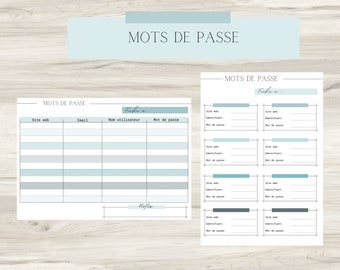 Fiche mot de passe à télécharger/imprimer, organisation, printable