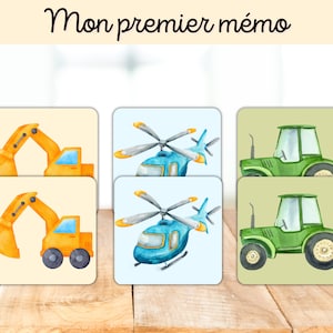 Mon premier mémo, mémory, jeu éducatif mémoire, méthode montessori, jeu PDF, véhicules