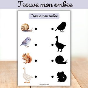 May include: A printable worksheet with the French phrase "Trouve mon ombre" (Find my shadow) at the top. The worksheet has four rows of images, each row containing a colorful animal and its corresponding black silhouette. The animals include a snail, a bluebird, a squirrel, and a goose.