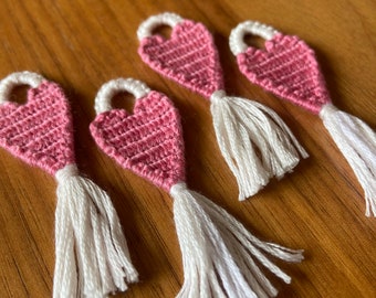 pink heart keychain with tassel, woven charm