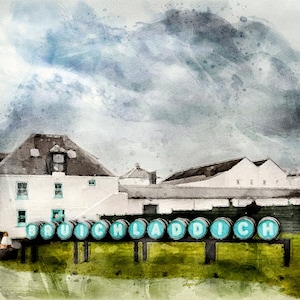 Bruichladdich Distillery on Islay, Scotland. Watercolour Print. For Whisky / Scotch Lovers. Printed on Textured, Heavy, Watercolour Paper.