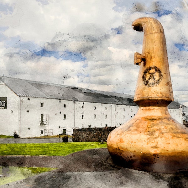 Ardbeg Distillery & Still, auf Islay. Aquarell Druck. Für Whisky / Scotch Liebhaber. Gedruckt auf schwerem Aquarellpapier.