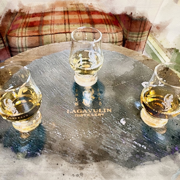 Lagavulin Glencairn Gläser in der Brennerei. Aquarell Druck. Für Whisky / Scotch Liebhaber. Gedruckt auf schwerem Aquarellpapier.