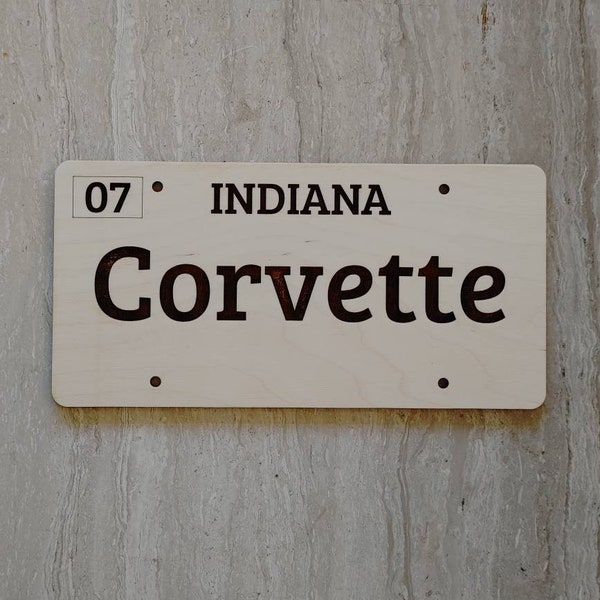 Custom license plate made of wood, choose state, year, and car model. Custom Personalized decor corvette, camaro, mustang, any car!