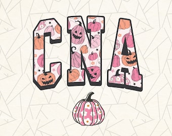Op de afbeelding: Een digitale download van een grafisch ontwerp met de letters "CNA" in een vet, blokachtig lettertype. De letters zijn gevuld met een patroon van roze en oranje pompoenen met jack-o-lantern gezichten. Onder de letters bevindt zich een enkele roze pompoen met witte bloemen.