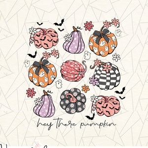 May include: A digital download of a graphic design featuring a collection of pumpkins with different patterns and colors. The pumpkins are surrounded by flowers, bats, and ghosts. The text "Hey there pumpkin" is written below the pumpkins.