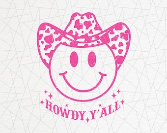Howdy y'all PNG - Cowboy happy face png - Cow print - Western png - Southern png - Designs Downloads - Retro design - Vintage sublimation