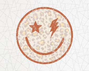 Leopard happy face PNG - Retro png  - Designs Downloads - Digital download - Design png - Vintage sublimation - Lightning bolt - Star