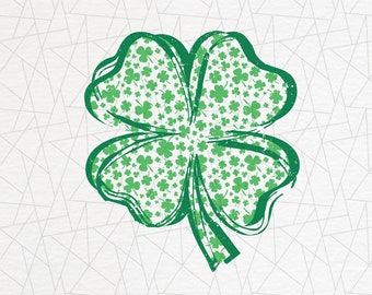 May include: A green four-leaf clover with a distressed, textured look. The clover is made up of smaller four-leaf clovers.