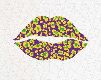 May include: Purple lips with a yellow and green leopard print pattern.