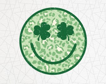 St Patrick's day sublimation - St Patrick's day png - St Patty's png - Retro - Shamrock - Leopard print png - Leopard happy face png