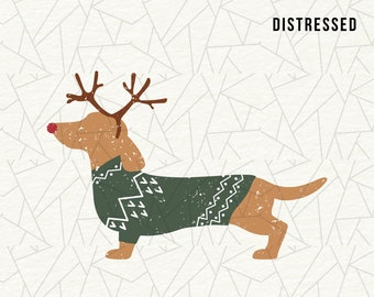 May include: Distressed digital illustration of a dachshund wearing a green sweater with a white snowflake pattern and reindeer antlers. The dog has a red nose and is standing on a white background with a geometric pattern.