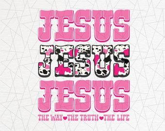 Puede incluir: Diseño gráfico rosa y negro con la palabra "JESUS" repetida tres veces. El texto "THE WAY THE TRUTH THE LIFE" está debajo de la palabra "JESUS".