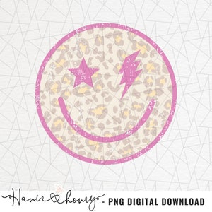 Leopard happy face PNG - Retro png  - Designs Downloads - Digital download - Retro design png - Vintage sublimation - Lightning bolt - Star