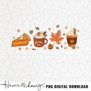 May include: A digital illustration of autumn-themed items, including a slice of pumpkin pie, a cup of pumpkin spice latte, a maple leaf, and a cup of hot chocolate with whipped cream and cinnamon sticks. The background is a white and grey geometric pattern.
