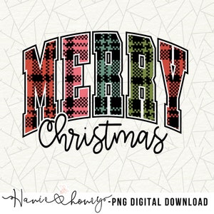 Könnte beinhalten: Digitalgrafik mit der Aufschrift „MERRY CHRISTMAS“. Das Wort „MERRY“ ist in einer fetten, blockartigen Schrift mit einem Karomuster in Rot, Rosa, Grün und Schwarz gehalten. „Christmas“ ist in einer Schreibschrift geschrieben.
