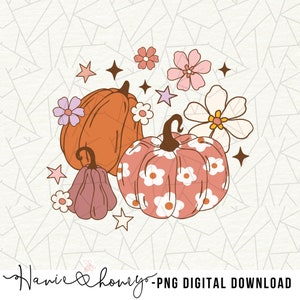 Może przedstawiać: Cyfrowa ilustracja dyni i kwiatów w odcieniach pomarańczu, różu i fioletu. Dynie mają różne wzory, w tym wzory kwiatowe. Gwiazdy i kwiaty otaczają dynie. Tekst "Hanie & honey" i "-PNG DIGITAL DOWNLOAD" znajduje się na dole.
