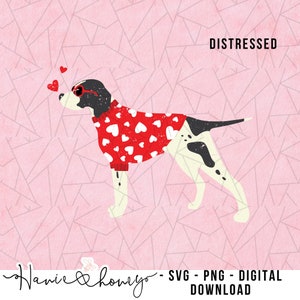 Puede incluir: Descarga digital angustiada de un perro blanco y negro con un suéter rojo con corazones blancos. El perro lleva gafas de sol rojas en forma de corazón y tiene corazones flotando alrededor de su cabeza.