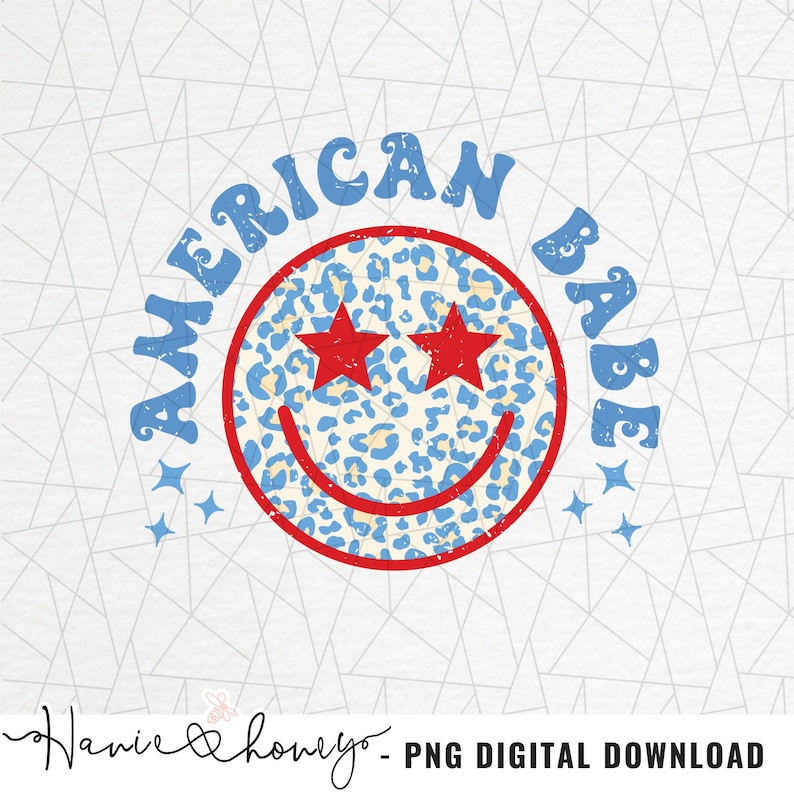 May include: A blue and red distressed graphic with a smiley face with red stars for eyes and the text "American Babe" around the smiley face.