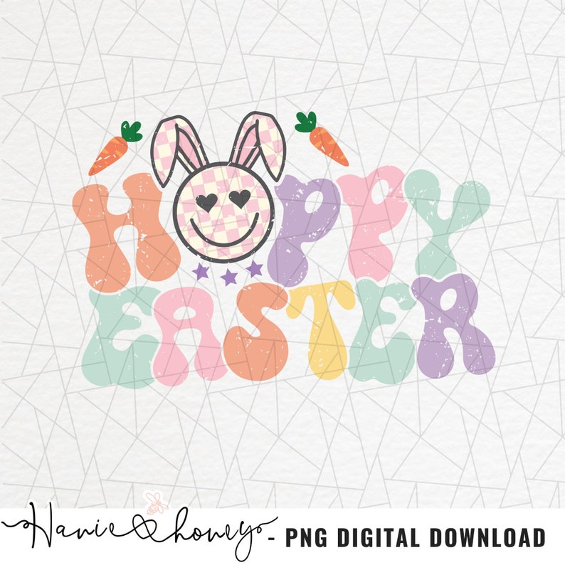 May include: Happy Easter text in a retro style with a pink bunny face with pink and white checkered ears and a carrot on either side of the text.