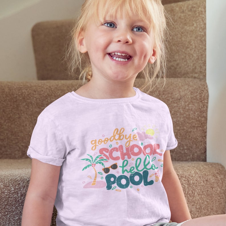 May include: A light pink t-shirt with a graphic design that says "goodbye school hello pool" with a palm tree, sunglasses, and ice cream cone.