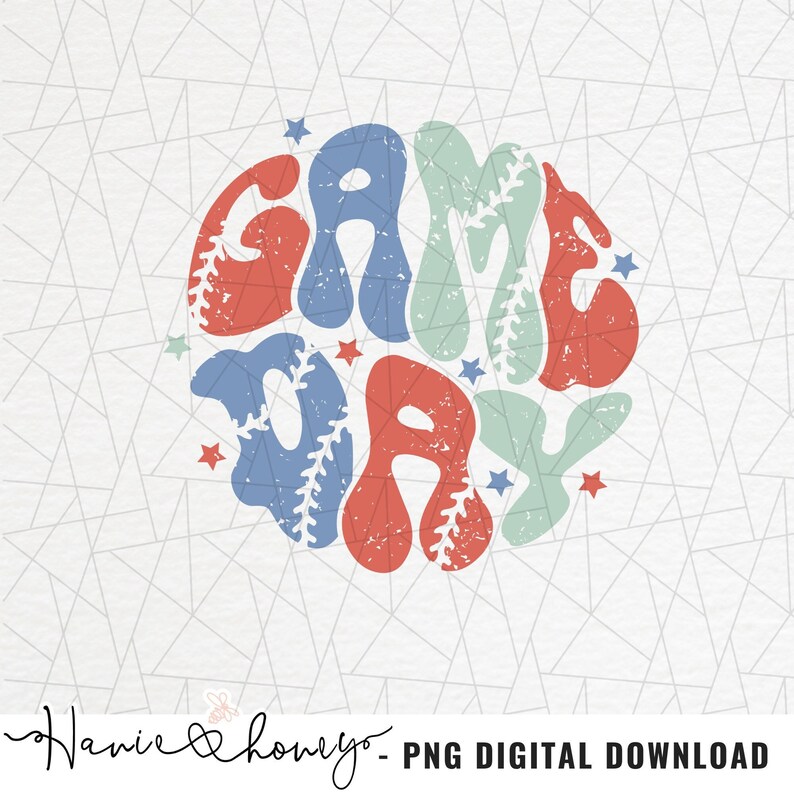May include: A red, blue and green graphic design of the words "Game Day" in a retro style with baseball stitching. The design is surrounded by white stars.