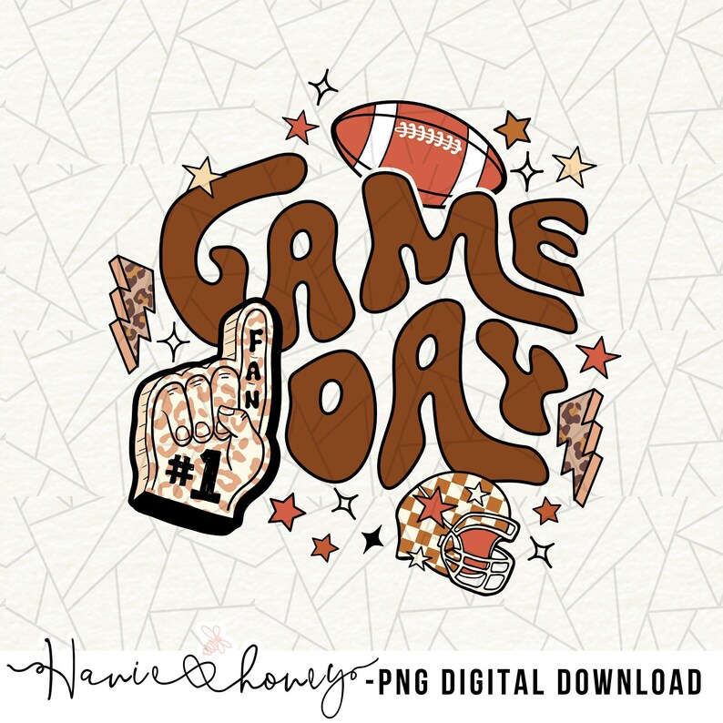 Pode incluir: Um design gr&aacute;fico marrom e bege com o texto "GAME DAY" em uma fonte retr&ocirc;. O design inclui uma bola de futebol, um dedo de espuma com o texto "#1 FAN" e um capacete de futebol com um padr&atilde;o xadrez.