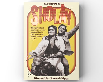 May include: A vintage movie poster for the Indian film "Sholay" featuring two men on a motorcycle. The poster is yellow with red and orange accents and features the text "G.P. Sippy's Sholay" and "Directed by: Ramesh Sippy".